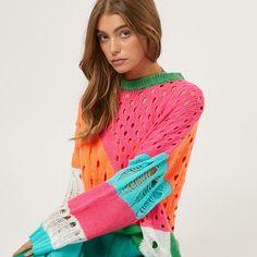 Stay cozy in style this season with our Color Block Distressed Detail Pullover Sweater! It's lightweight and features bright colors with an allover distressed look – the perfect combination of cozy and cool. So grab it and have fun mixing and matching to your heart's content! (Because who doesn't need a pop of color in their day?) 100% Acrylic Model is 5'8" wearing a size small Crochet Collection, Stay Cozy, Colorful Fashion, Colorful Sweaters, Pullover Sweater, Have Fun, Bright Colors, Pullover Sweaters, Color Block