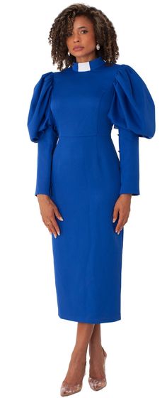 Tally Taylor Collection Style: 4813 Fashionable Preacher Dress Features clerical collar, long puff sleeves and midi length ﻿Color: Royal Length: 47 1/2" Shop our different departments today for dresses, suits, hats, robes and more! Sign Up for our Exclusive Rewards Program Just go to the bottom of this page and you will see the "Sign up" spot, just click it and follow the instructions, it's very quick and really easy. Clerical Collar, Clergy Women, 1 Piece Dress, Dresses Church, Women Church Suits, Women Church, Dress Colors, Dresses Royal, African Clothing Styles