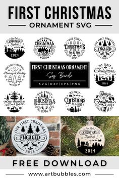 the first christmas ornament svg bundle is available for purchase on artbubbles com