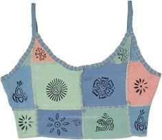 A short cropped hippie tank top in stonewashed ribbed cotton patchwork with thread highlights in pastel soft colors. This artistic handmade cropped tank is an artistic and harmonious piece of clothing with an outstanding overall look in soft muted color tones around a beige base, with hippie stamps. #tlb #Sleeveless #Stonewash #Embroidered #vacationclothing #bohemianfashion #Handmade #JuniorPetite #bohotanktop #summerhippietanktop #ribbedcottontanktop Multicolor Cotton Patchwork Tank Top, Spring Sleeveless Patchwork Crop Top, Fitted Patchwork Crop Top For Spring, Multicolor Patchwork Tank Top For Summer, Summer Patchwork Crop Top, Bohemian Patchwork Tank Top For Summer, Sleeveless Summer Crop Top With Patchwork, Spring Cotton Tank Top With Patchwork, Summer Patchwork Cropped Crop Top