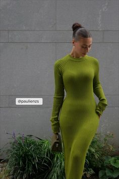 This dress is fitted and stretchy and features a soft, ribbed knitted design. It has a high round neckline, long sleeves and a maxi length. Green And Purple Outfit, Purple Outfit, Ribbed Maxi Dress, Knitted Design, Earthy Outfits, Purple Outfits, Lounge Dress, Comfort Wear, Maxi Dress Green