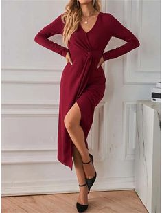 Women's Party Dress Red Christmas Dress Cocktail Dress Dress Midi Dress Wine Long Sleeve Pure Color Split Spring Fall Winter V Neck Winter Dress Christmas Red Christmas Dress, Asymmetrical Hem Dress, Christmas Dress, Asymmetrical Hem, Party Dresses For Women, British Indian, Pure Color, Red Christmas, Bride Dress