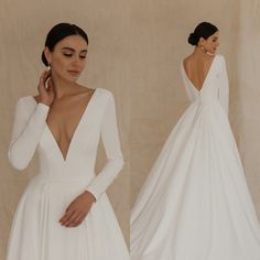 a woman wearing a white wedding gown with long sleeves and open back, standing in front of a beige backdrop