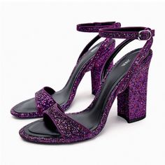 Purple Glitter Size U.S. 6.5 Or Eu 37 Black Heels With Bow, Elegant Chunky Heels, Glitter High Heels, Rough Heels, Strappy High Heels Sandals, Ankle Strap Sandals Heels, Elegant Heels, Sparkly Heels, Strappy High Heels