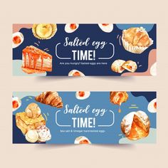 two banners with baked goods on them and the words salted egg time written below