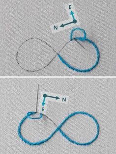 two pictures showing how to make an infinite loop with yarn and scissors, one shows the end