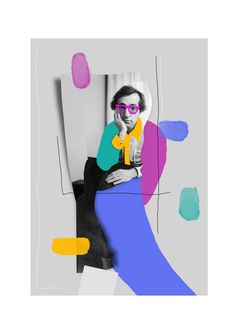 a woman sitting on a chair with her hand to her face and colorful shapes around her