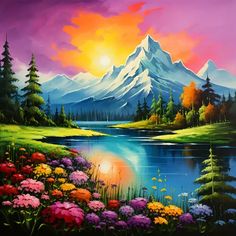 a painting of a mountain lake with flowers in the foreground