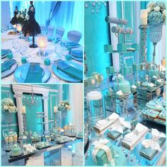 a table set up with blue and white decorations