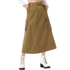 The long cargo skirt pockets and tie waist ends add elegant to the overall look, while the ruched detailing adds a touch of elegance. Whether you're going to a club, a party, or just hanging out with friends, these cargo skirts long are versatile enough to suit any occasion. Y2K cargo skirts for women are designed with functional pockets, you no longer have to flip your bags! Pair them with a crop top, tank top, or a stylish shirt for a chic and fashionable look. Y2k Fashion Skirt, Straight Long Skirt, Long Skirt With Pockets, Y2k Skirts, Midi Flare Skirt, Midi Denim, Brown Outfit, A Line Mini Skirt, Cargo Skirt