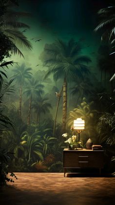 a jungle scene with palm trees and a lamp on a dresser in the foreground