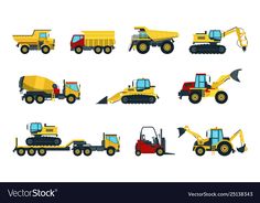 different types of construction vehicles on a white background