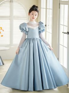 Blue Satin Long Sleeve Flower Girl Dress Long Sleeve Flower Girl Dress, Royal Blue Formal Dress, Light Blue Lace Dress, Sleeveless Flower Girl Dresses, Blue Formal Dress, Flower Girl Dresses Blue, Pastel Blue Color, Girls Blue Dress, Blue Dress Formal