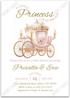 the princess carriage baby shower is shown in gold, pink and white with an ornate crown on