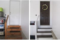 two pictures of the same door and steps in front of a white door with a wreath on it