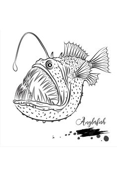 a black and white drawing of a fish with a fishing hook in it's mouth