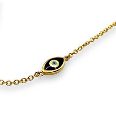 MELIGreece's 14k yellow gold elegant chain bracelet with a black and light blue enamel eye charm. An everyday precious jewel, can be easily combined with your watch or your other bracelets. This solid gold chain black with blue enamel eye bracelet is made in our workshop in Athens, Greece. Adjustable length of the eye bracelet: 15.5 - 17.0 cm. /6.10 - 6.7 inch. Dimensions of the eye charm : 7.0 mm. * 5.0 mm. A wonderful birthday present to your loved one or just a spontaneous precious gift expre Black Enamel Bracelet Jewelry Gift, Yellow Gold Plated Evil Eye Bracelet As Gift, Gold Plated Yellow Gold Evil Eye Bracelet Gift, Black Enamel Bracelets As Gift, Gift Black Enamel Bracelet Jewelry, 14k Gold Evil Eye Bracelet Gift, Gift Yellow Gold Evil Eye Bracelet With Adjustable Chain, Minimalist Yellow Gold Evil Eye Bracelet Gift, Yellow Gold Evil Eye Bracelets As Gift