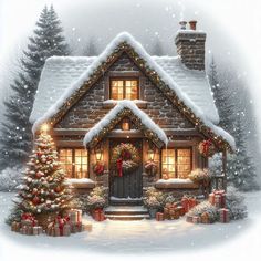 a christmas scene with a house covered in snow