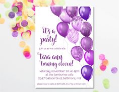 a party card with balloons and confetti