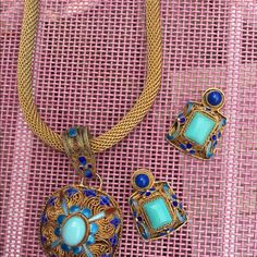 Vintage Chinese 925 With Gold Wash Earrings And Matching Necklace Enameling Estate Find Please Enlarge All Photos No Backs For Earrings The Necklace Measures 17 1/4” From End To End Elegant Hallmarked Turquoise Jewelry, Elegant Turquoise Jewelry With Jewels, Luxury Blue Jeweled Jewelry, Formal Turquoise Jewelry With Matching Earrings, Blue Hallmarked Earrings, Luxury Blue Hallmarked Jewelry, Traditional Blue Turquoise Necklace With Patina, Blue Pendant Jewelry With Matching Earrings, Fine Blue Cabochon Jewelry