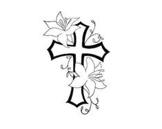 a cross with lilies on it and the word jesus above it is written in black ink