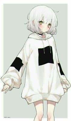 an anime character with white hair and green eyes, wearing a hoodie sweatshirt dress