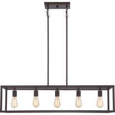 an industrial style chandelier with five light bulbs hanging from the bottom and four lights on