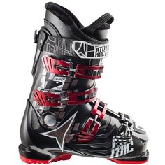 a pair of black and red ski boots