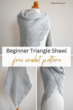 a crocheted shawl is shown with the text, begin triangle shawl