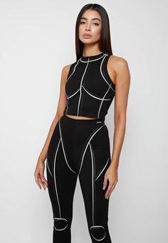 Sketch Racer Crop Top - Black | Manière De Voir USA Black Fitted High Waist Sets, Bandage Leggings, Vegan Leather Leggings, Black Crop Tops, High Waisted Leggings, Black Leggings, Black Fashion, Two Piece Pant Set, Crop Top