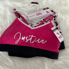 New With Tags! 2 Pack Justice Brand Sports Bras. Size 30. Stretch Sports Bra For Workout, Pink Athleisure Activewear For Cheerleading, Sporty Pink Tops For Playwear, Sporty Pink Top For Playwear, Pink Sporty Activewear For Cheerleading, Pink Letter Print Activewear For Gym, Pink Athleisure Activewear With Letter Print, Pink Letter Print Activewear For Sports, Pink Fitted Activewear With Letter Print