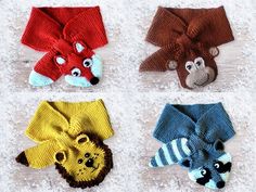 four knitted animal headbands are shown in four different colors and sizes, including one with a bow