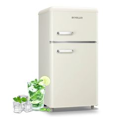 a white refrigerator freezer sitting next to a glass filled with ice and limes