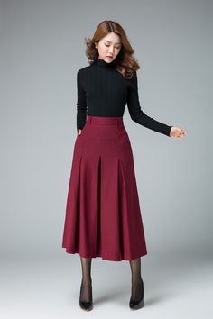 High waist A linen please midi skirt 1834# – XiaoLizi Wine Red Skirt, Romantic Skirt, Long Wool Skirt, Skirt Wool, Long Skirt Outfits, Evening Skirts, Skirt Pockets, Casual Skirt Outfits, Modest Skirts