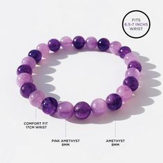 This exquisite amethyst piece is not just a jewelry accessory; it's a symbol of love, inspiration, and empowerment. The vibrant blend of pink and purple hues in the amethyst gemstone radiates positivity, while its delicate design adds a touch of elegance to any outfit. Whether you're spoiling yourself or surprising a loved one, this bracelet is the perfect way to uplift spirits and remind yourself or someone special of the incredible strength and beauty within. Embrace the joy of gifting and spr Purple Amethyst Stretch Bracelet As Gift, Purple Amethyst Stretch Bracelet For Gift, Lavender Amethyst Beaded Bracelets For Meditation, Spiritual Amethyst Bracelets In Purple, Elegant Purple Crystal Bracelet For Meditation, Spiritual Amethyst Purple Bracelets, Elegant Purple Crystal Meditation Bracelet, Purple Amethyst Round Stretch Bracelet, Purple Amethyst Stretch Bracelet