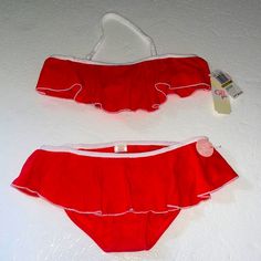 Bnwt Top Is Bandeau W Halter And Bottom Has A Ruffled Skirt Over Bottom Red Swimwear For Summer Playwear, Cute Red Swimwear For Poolside, Cute Red Swimwear For The Beach, Playful Red Stretch Swimwear, Girls Swim, Girls Red, Ruffled Skirt, Swim Skirt, Kids Swimming