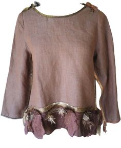 Giselle Shepatin: Mocha linen top with silk applique trim Shirt Embellishments, Blue Economy, Clothing Makeovers, Whimsical Wardrobe, Refashioned Clothing, Bohemian Bag, Altered Clothing, Altered Couture, Bohemian Bags