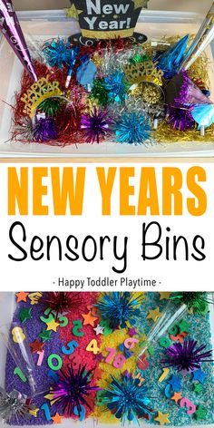 the new year's sensory bins for toddlers to play with are colorful and fun