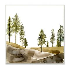 a watercolor painting of trees in the distance with snow on the ground and grass below