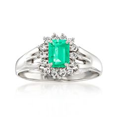 Ross-Simons - C. 1990 Vintage .43ct Emerald Ring, .17ct t. w. Diamonds. Size 6. C. 1990. Truly classic and perfect for May-born beauties, our Estate collection ring celebrates the timeless elegance of emerald. On it, a .43 carat square emerald shines from a dazzling .17 ct. t. w. round brilliant-cut diamond frame set in high-polished platinum. 3/8" wide. Diamond and emerald ring. Exclusive, one-of-a-kind Estate Jewelry. Emerald birthstones are the perfect gift for May birthdays. Classic Diamond Ring With Vvs Clarity For May Birthstone, Classic White Gold Diamond Ring For May Birthstone, Classic Gia Certified Diamond Ring For May Birthstone, Gia Certified Classic Diamond Ring For May Birthstone, Classic May Birthstone Diamond Ring, Classic Diamond Ring For May Birthstone, Classic Cluster Emerald Ring, Classic Emerald Ring With Prong Setting In Cluster Shape, Classic Diamond Ring With May Birthstone Accents