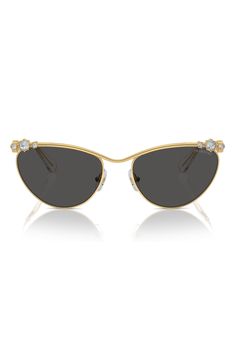 Gleaming crystals bring glamour to these sleek cat-eye sunglasses with full sun protection. 58mm lens width; 19mm bridge width; 140mm temple length 100% UV protection Adjustable nonslip nose pads Metal/Swarovski crystal Imported Glamorous Cat Eye Sunglasses With Tinted Lenses, Glamorous Formal Sunglasses With Gradient Lenses, Glamorous Gradient Lenses Sunglasses For Formal Occasions, Gold Cat Eye Sunglasses With Polarized Lenses For Evening, Gold Polarized Cat Eye Sunglasses For Evening, Elegant Silver Cat Eye Sunglasses, Elegant Silver Cat Eye Sunglasses For Evening, Elegant Silver Cat Eye Sunglasses With Gradient Lenses, Luxury Silver Cat Eye Sunglasses