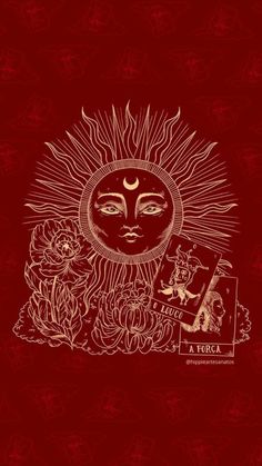 a red background with an image of the sun and moon on it, surrounded by flowers