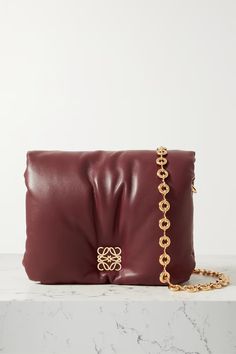 Burgundy Puffer Goya padded leather shoulder bag | LOEWE | NET-A-PORTER Loewe Puffer, Burgundy Outfit, Loewe Bag, How To Look Rich, Bag Trends, Big Bags, Jersey Top, Mr Porter, Net A Porter