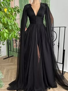 A-Line Evening Gown Sexy Dress Formal Court Train Long Sleeve V Neck Wednesday Addams Family Chiffon with Buttons Slit Appliques 2023 2023 - US $135.99 Split Prom Dresses, Dark Wedding, Floor Length Prom Dresses, Black Dress Formal, Elegant Maxi Dress, Long Sleeve Evening Dresses, Black Chiffon, فستان سهرة, Black Gown