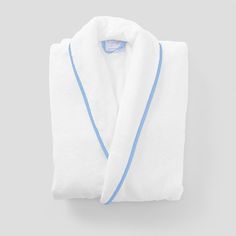 Consider your terry robe upgraded: luxe piping, sleeves that can be rolled and buttoned (so they don’t get soaked), a slim collar for mess-free face masking, pockets and an attached tie that won’t get lost in the wash. Offered in soft white terry with colored piping to match your favorite Bath Towel. Personalized Toiletry Bag, Household Gifts, Terry Robe, Luxury Robes, Day Designer, Spa Towels, Baby Towel, Personalized Embroidery, Luxury Towels