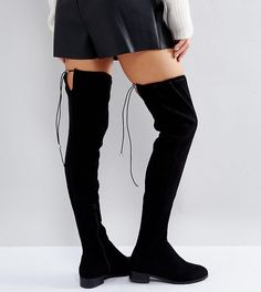 ASOS KEEP UP Wide Fit Extra Wide Leg Over The Knee Boots - Black Flat Over The Knee Boots, Black Knee High Boots Outfit, Womens Thigh High Boots, Black Thigh High Boots, Open Toe Boots, Casual Skirt Outfits, Lv Shoes