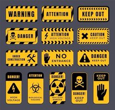 various warning signs and symbols are shown in this set, including cautions, attention, danger