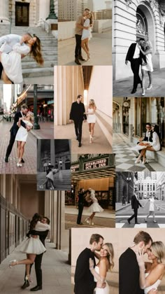 a collage of photos showing people dancing and posing for pictures in front of buildings