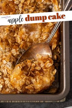 an apple dump cake in a baking pan with a spoon on top and the words, apple dump cake above it