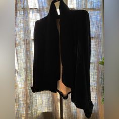 Vintage Lavish Quality Black Velvet Short Jacket With Scarf Attached. Belled, Cuffed Sleeves, Flared Cut. Bright And Soft Quality Cotton. Hard To Capture The Beauty Of This Jacket. Chic Fitted Cape Outerwear, Formal Fitted Long Sleeve Cape, Black Shawl Collar Outerwear For Formal Occasions, Formal Black Shawl Collar Outerwear, Formal Black Outerwear With Shawl Collar, Fitted Cape Outerwear For Work, Fitted Cape For Workwear, Evening Long Sleeve Fall Outerwear, Black Shawl Collar Evening Blazer